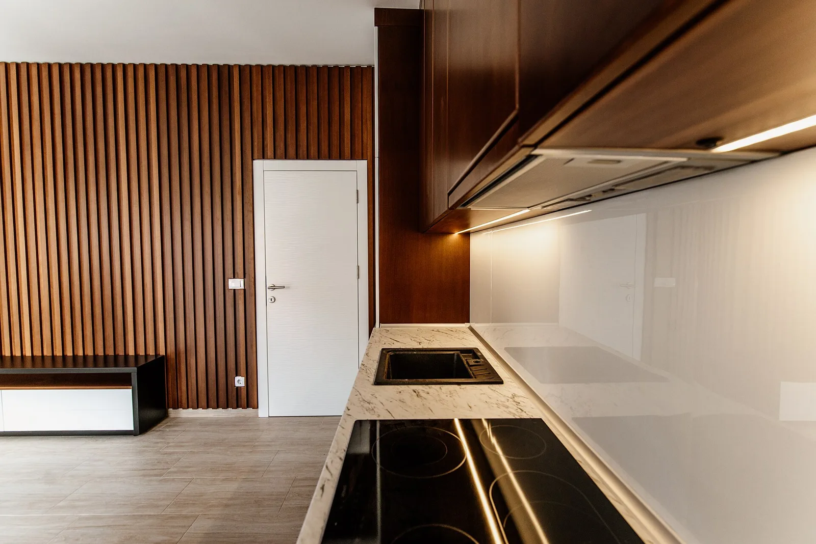 Clean modern kitchen with gleaming counters and wood cabinetry
